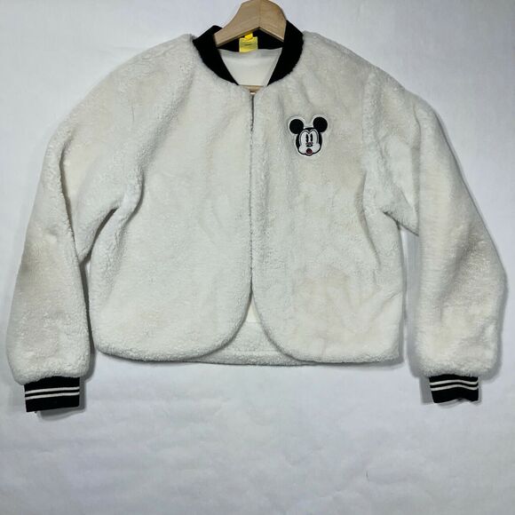 Disney Mickey Mouse Jacket Women Small White Sherpa Fleece Open‎ Front Bomber - Picture 1 of 10